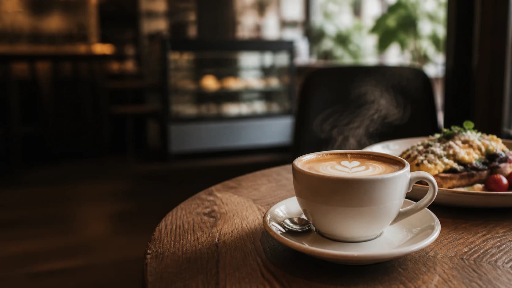 Fresh coffee and brunch on a warm café table