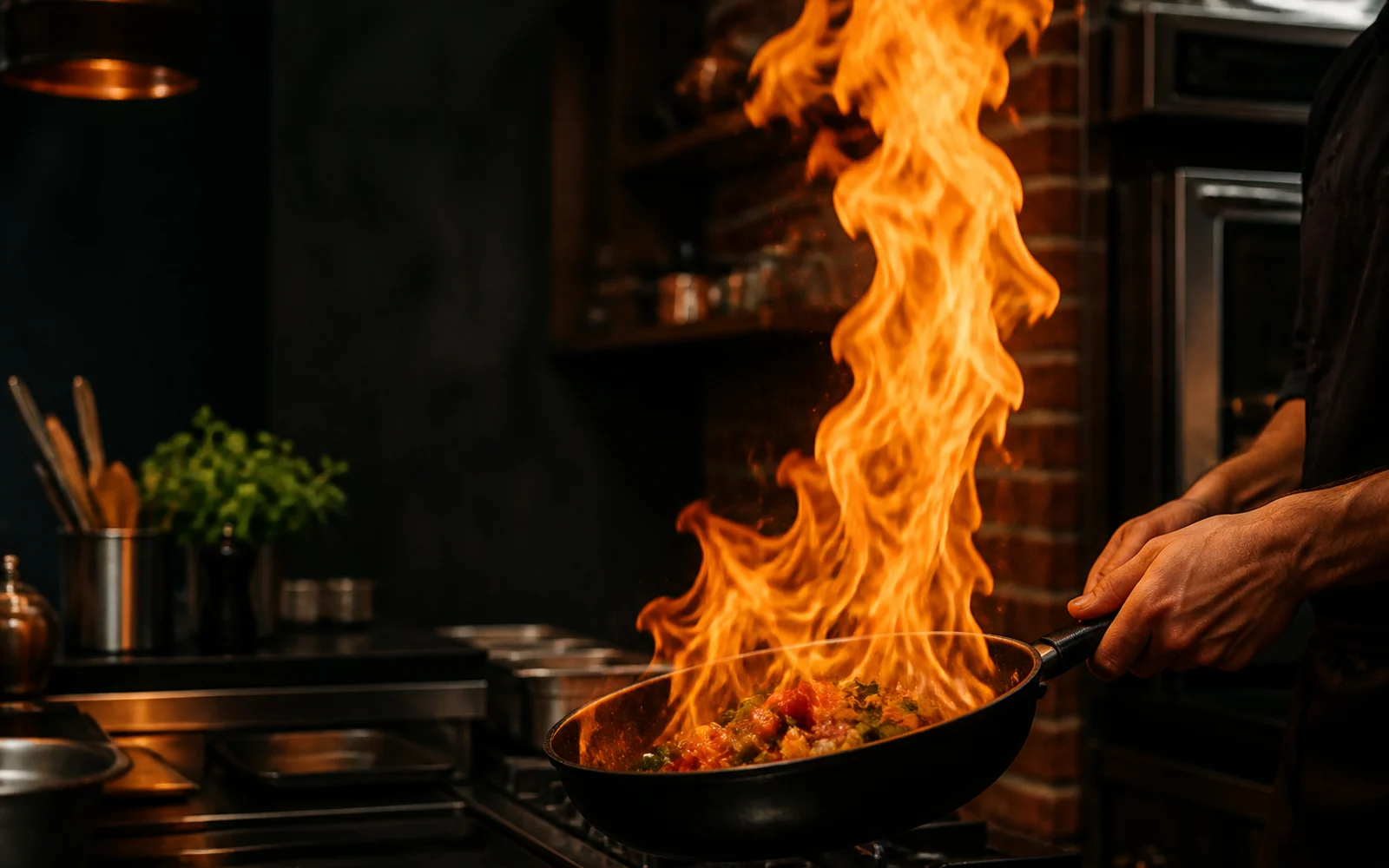 A café cook preparing food over a dramatic pan flame